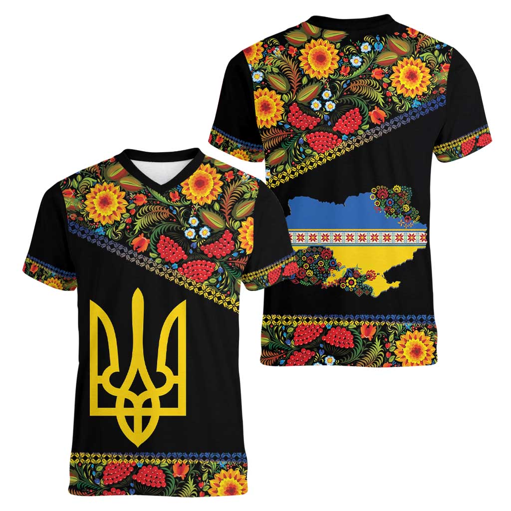 Petrykivka Ukrainian Folk Pattern Women V-Neck T-Shirt Golden Trident With Map
