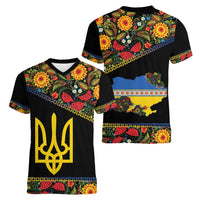 Petrykivka Ukrainian Folk Pattern Women V-Neck T-Shirt Golden Trident With Map