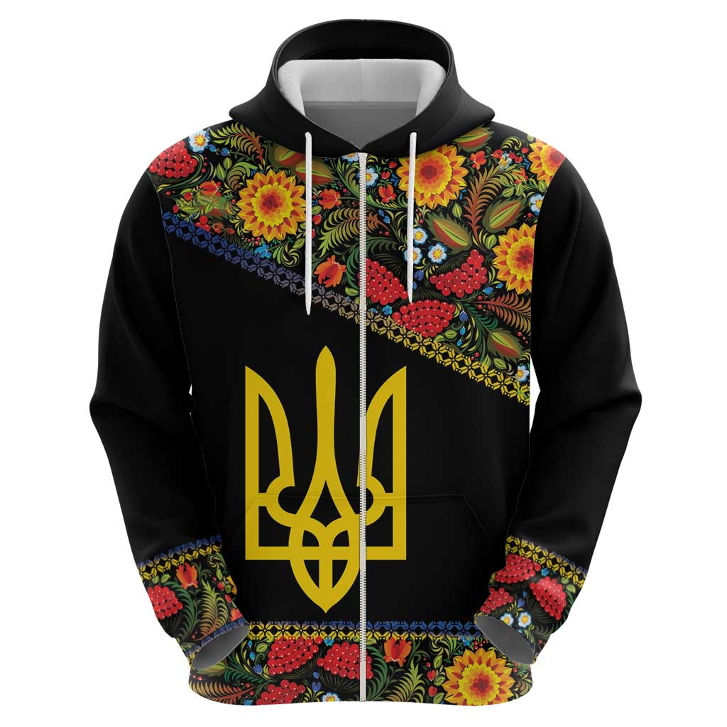 Petrykivka Ukrainian Folk Pattern Zip Hoodie Golden Trident With Map