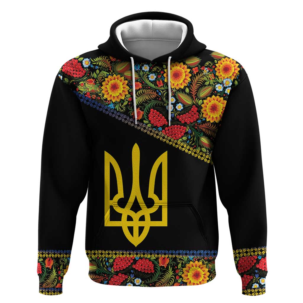 Petrykivka Ukrainian Folk Pattern Zip Hoodie Golden Trident With Map