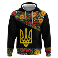 Petrykivka Ukrainian Folk Pattern Zip Hoodie Golden Trident With Map