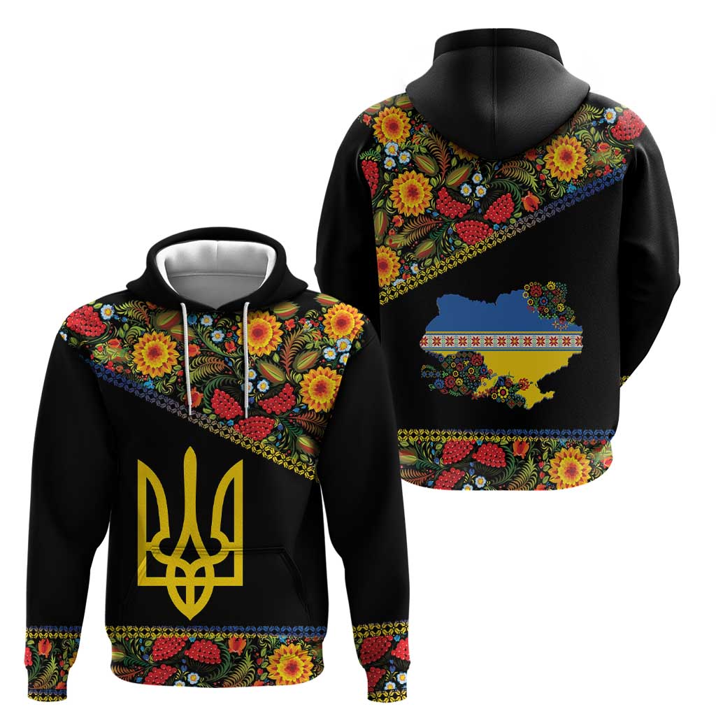 Petrykivka Ukrainian Folk Pattern Zip Hoodie Golden Trident With Map
