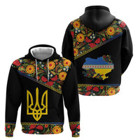 Petrykivka Ukrainian Folk Pattern Zip Hoodie Golden Trident With Map