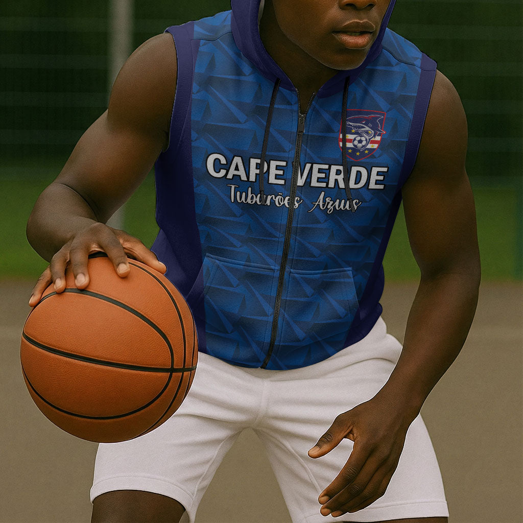 Custom Cape Verde Football 2026 Sleeveless Zip Hoodie Atlantic Blue Sharks Heritage