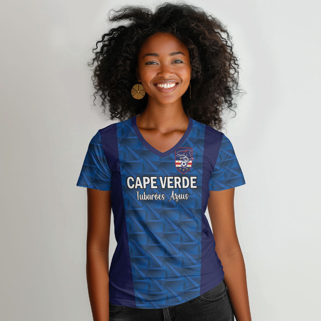 Custom Cape Verde Football 2026 Women V-Neck T-Shirt Atlantic Blue Sharks Heritage