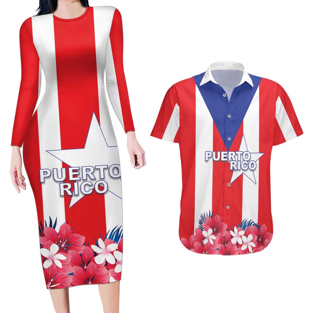 Personalized Puerto Rico Coat Of Arms Couples Matching Long Sleeve Bodycon Dress and Hawaiian Shirt - Wonder Print Shop
