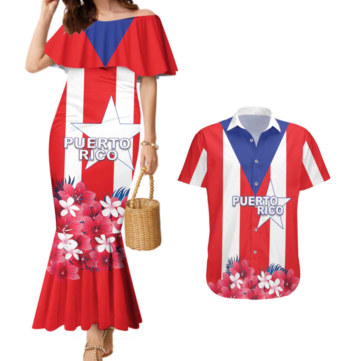 Personalized Puerto Rico Coat Of Arms Couples Matching Mermaid Dress and Hawaiian Shirt - Wonder Print Shop