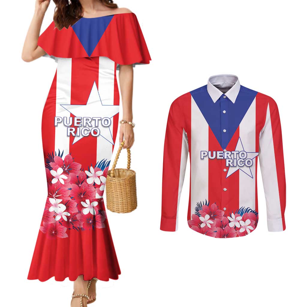 Personalized Puerto Rico Coat Of Arms Couples Matching Mermaid Dress and Long Sleeve Button Shirt