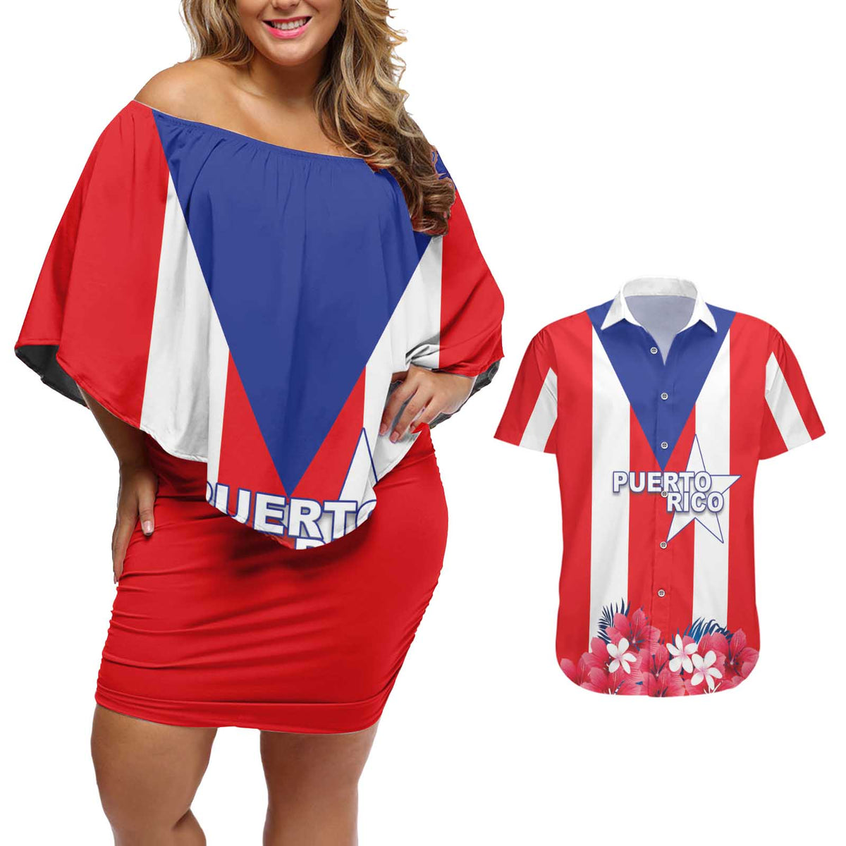 Personalized Puerto Rico Coat Of Arms Couples Matching Off Shoulder Short Dress and Hawaiian Shirt - Wonder Print Shop