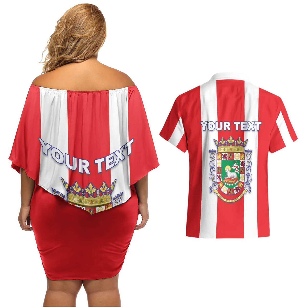 Personalized Puerto Rico Coat Of Arms Couples Matching Off Shoulder Short Dress and Hawaiian Shirt - Wonder Print Shop