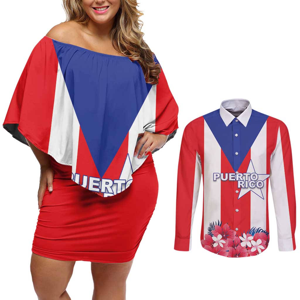 Personalized Puerto Rico Coat Of Arms Couples Matching Off Shoulder Short Dress and Long Sleeve Button Shirt - Wonder Print Shop