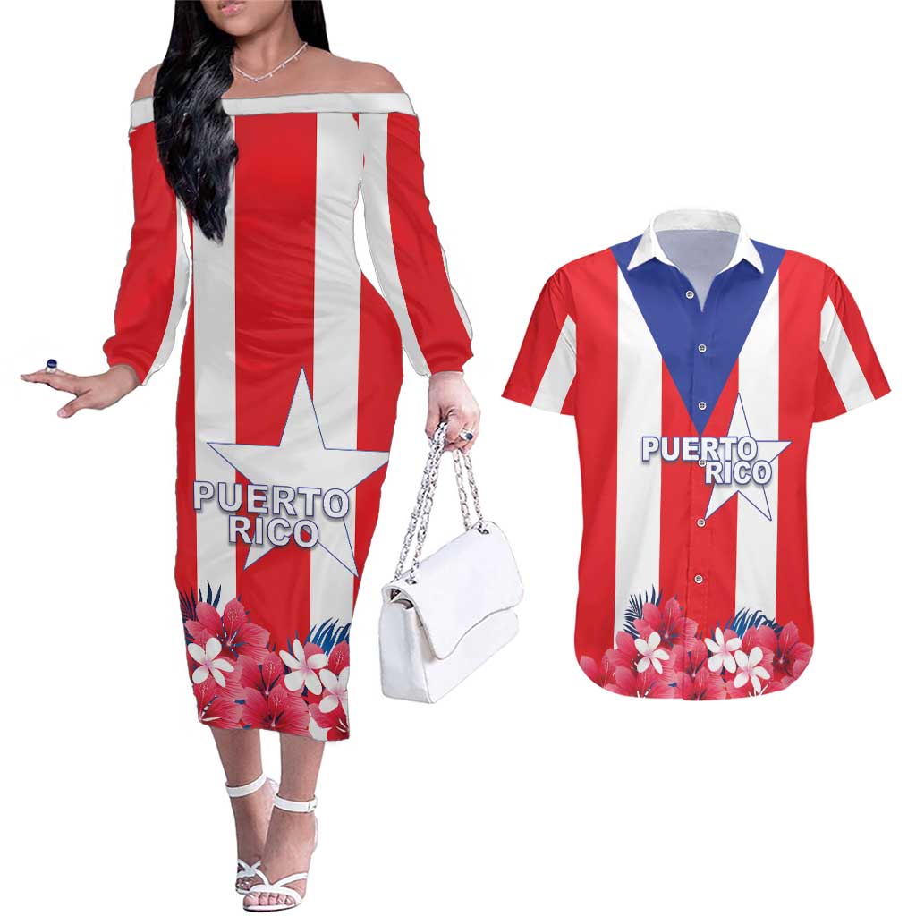 Personalized Puerto Rico Coat Of Arms Couples Matching Off The Shoulder Long Sleeve Dress and Hawaiian Shirt - Wonder Print Shop