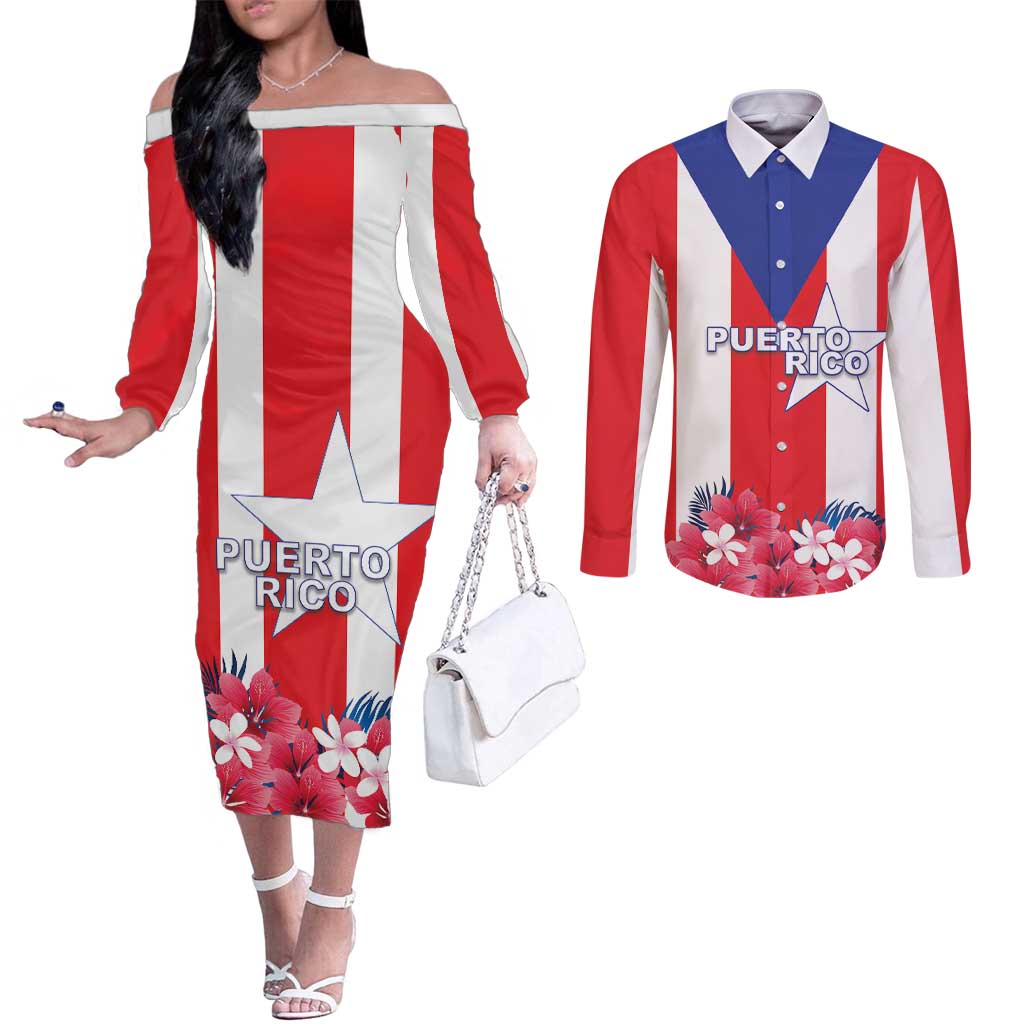 Personalized Puerto Rico Coat Of Arms Couples Matching Off The Shoulder Long Sleeve Dress and Long Sleeve Button Shirt