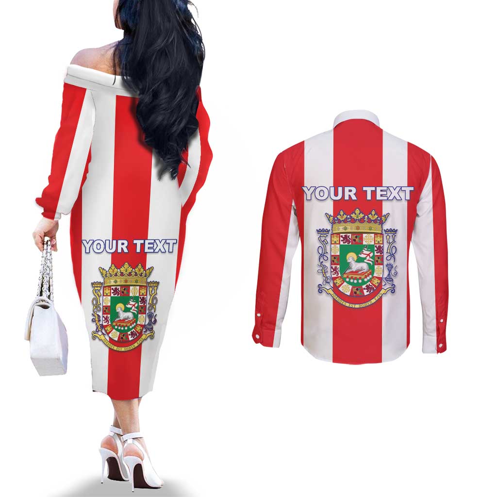 Personalized Puerto Rico Coat Of Arms Couples Matching Off The Shoulder Long Sleeve Dress and Long Sleeve Button Shirt
