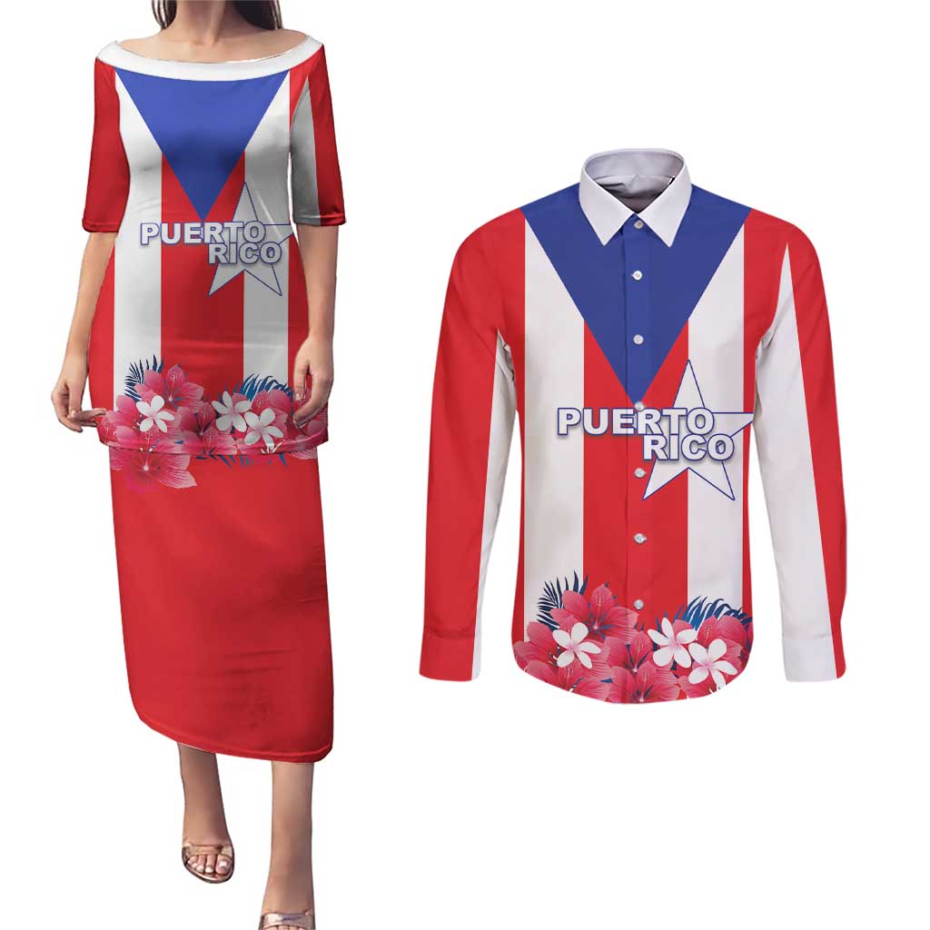 Personalized Puerto Rico Coat Of Arms Couples Matching Puletasi and Long Sleeve Button Shirt - Wonder Print Shop