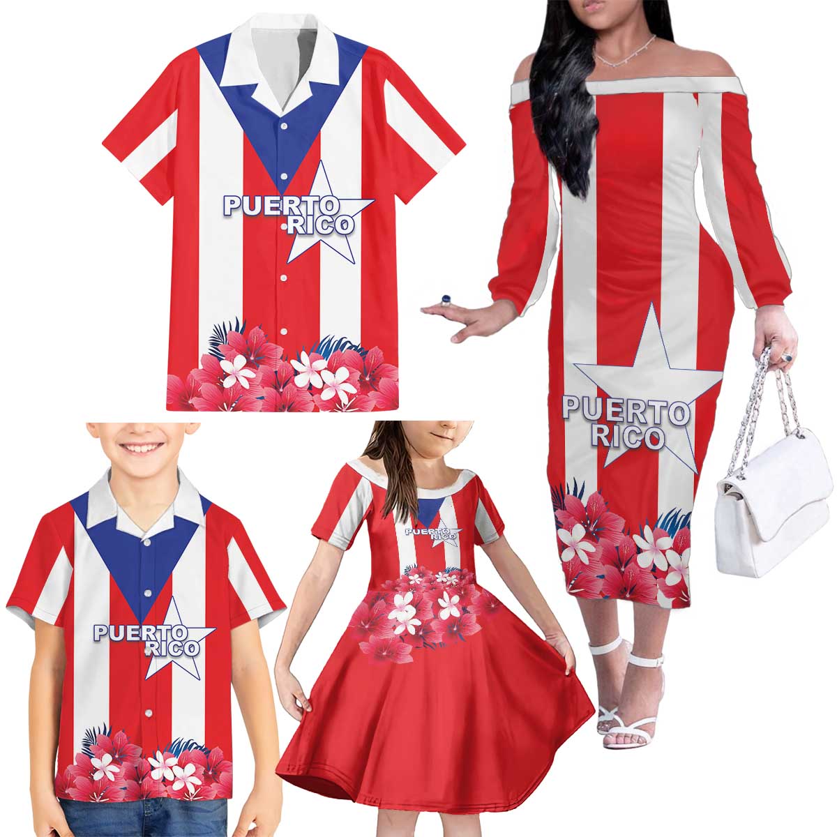 Personalized Puerto Rico Coat Of Arms Family Matching Off The Shoulder Long Sleeve Dress and Hawaiian Shirt - Wonder Print Shop