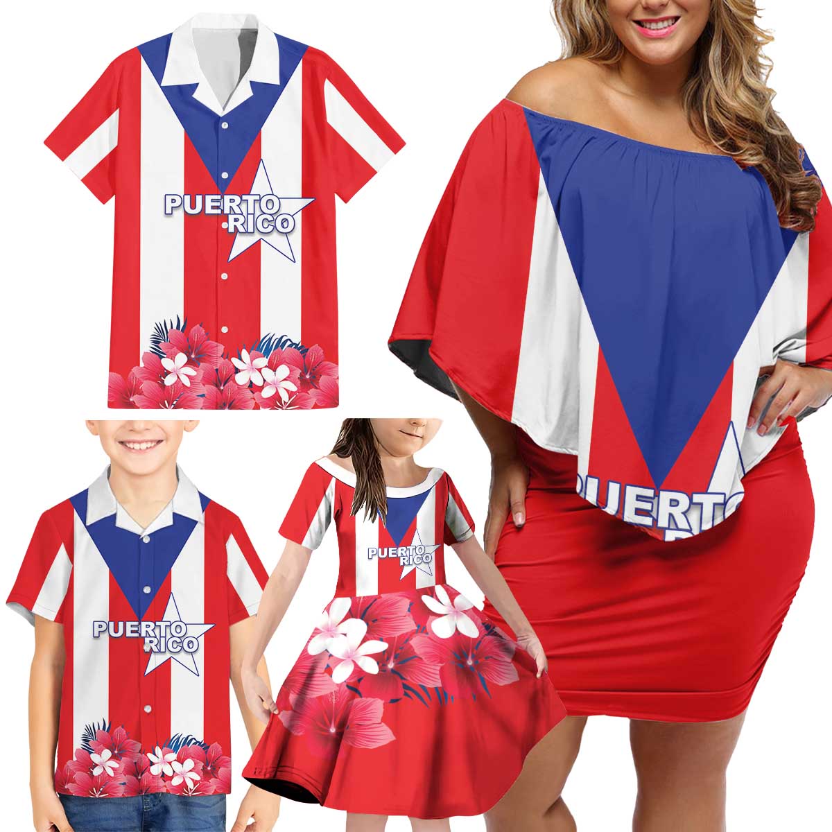 Personalized Puerto Rico Coat Of Arms Family Matching Off Shoulder Short Dress and Hawaiian Shirt - Wonder Print Shop