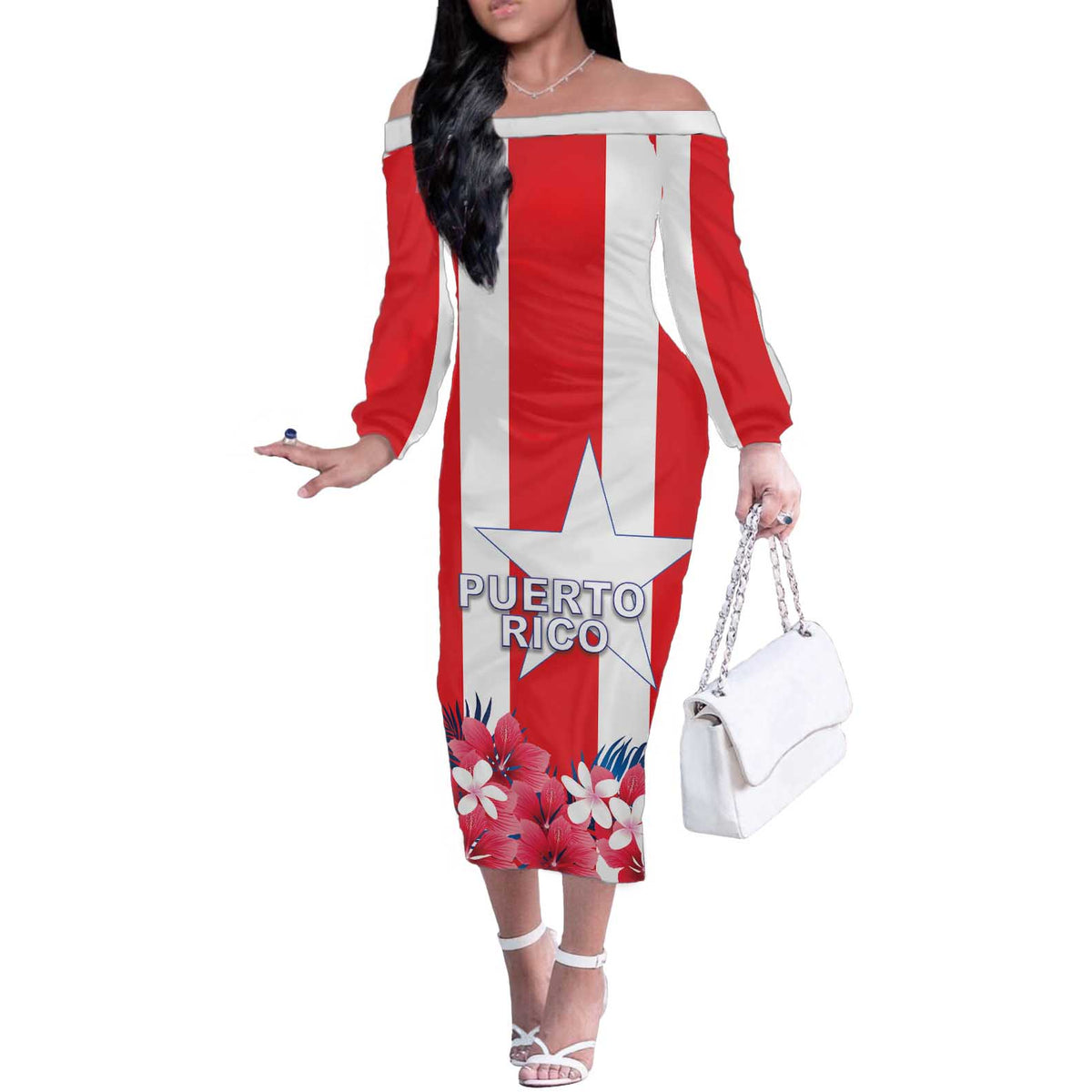 Personalized Puerto Rico Coat Of Arms Off The Shoulder Long Sleeve Dress - Wonder Print Shop