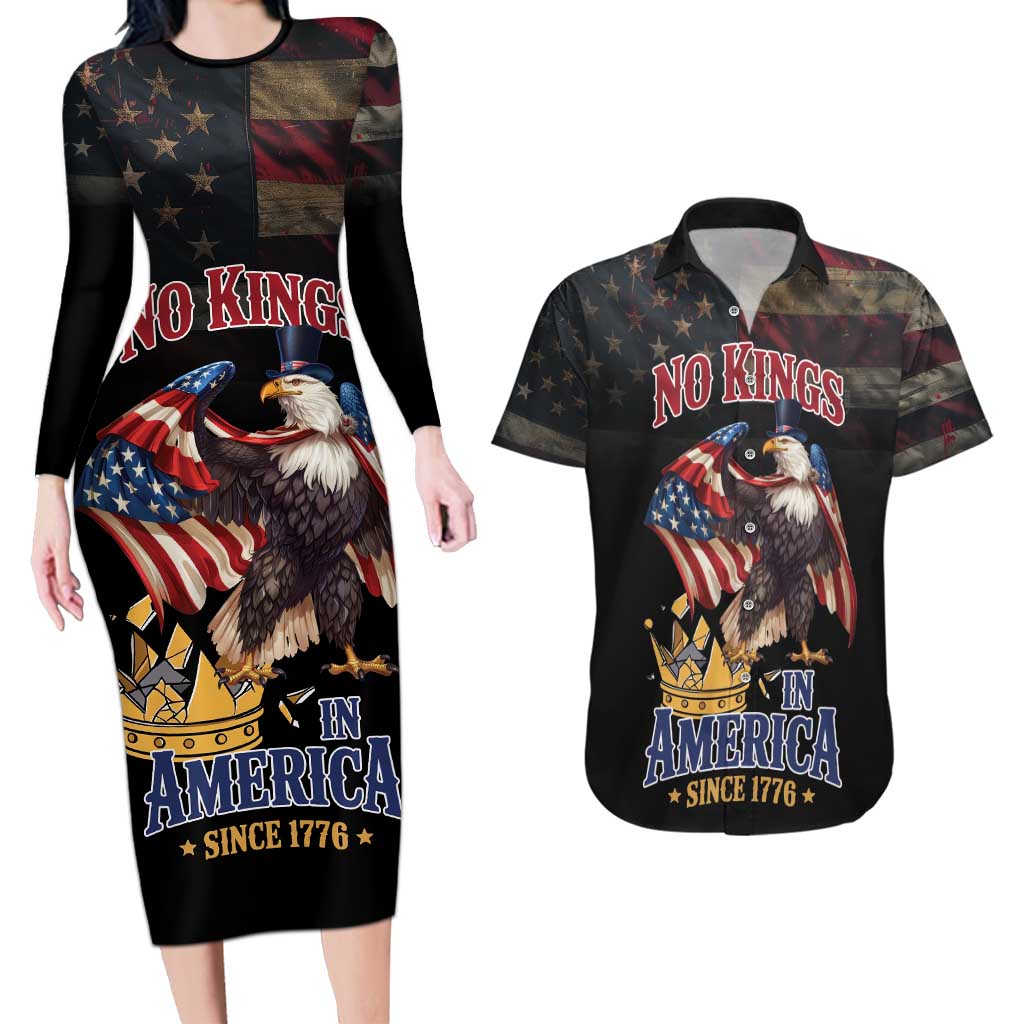 No Kings In America Since 1776 Couples Matching Long Sleeve Bodycon Dress and Hawaiian Shirt Eagle Crushing Crown - Wonder Print Shop