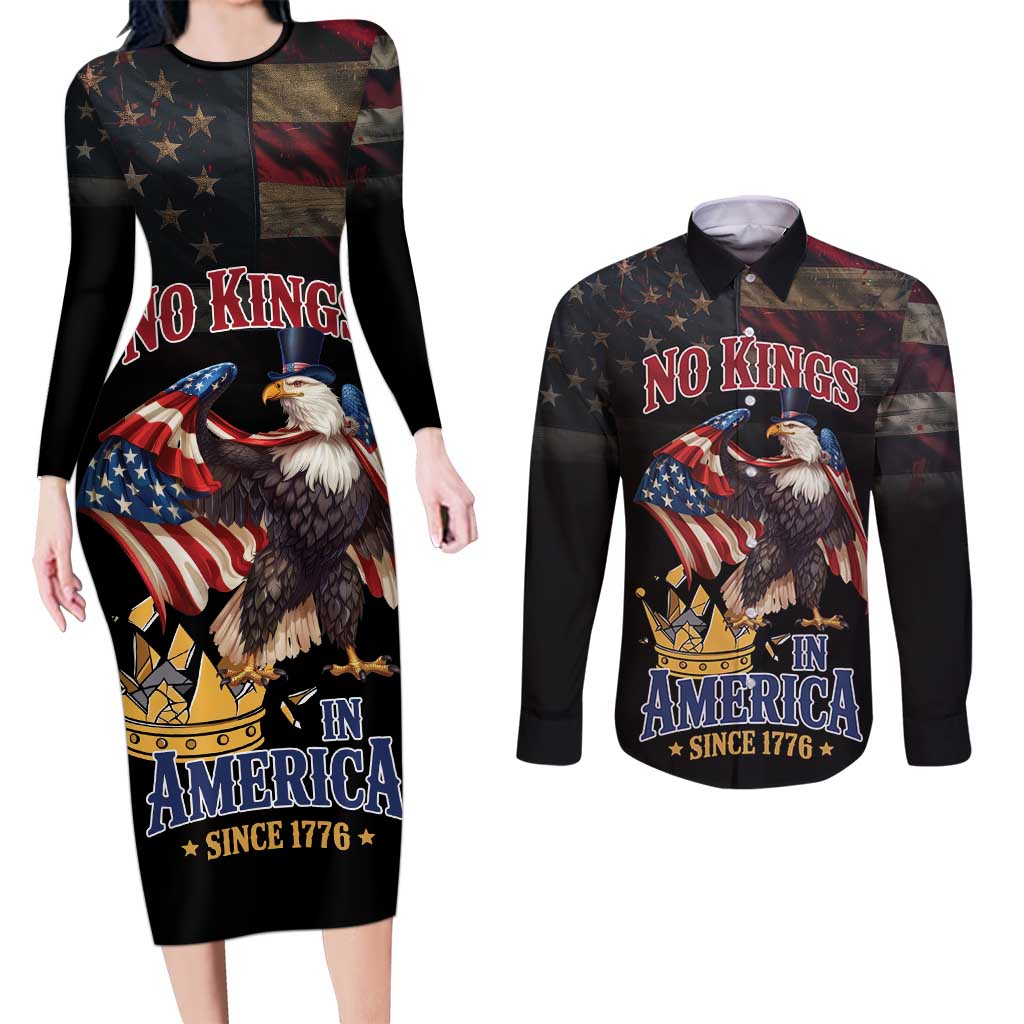 No Kings In America Since 1776 Couples Matching Long Sleeve Bodycon Dress and Long Sleeve Button Shirt Eagle Crushing Crown - Wonder Print Shop