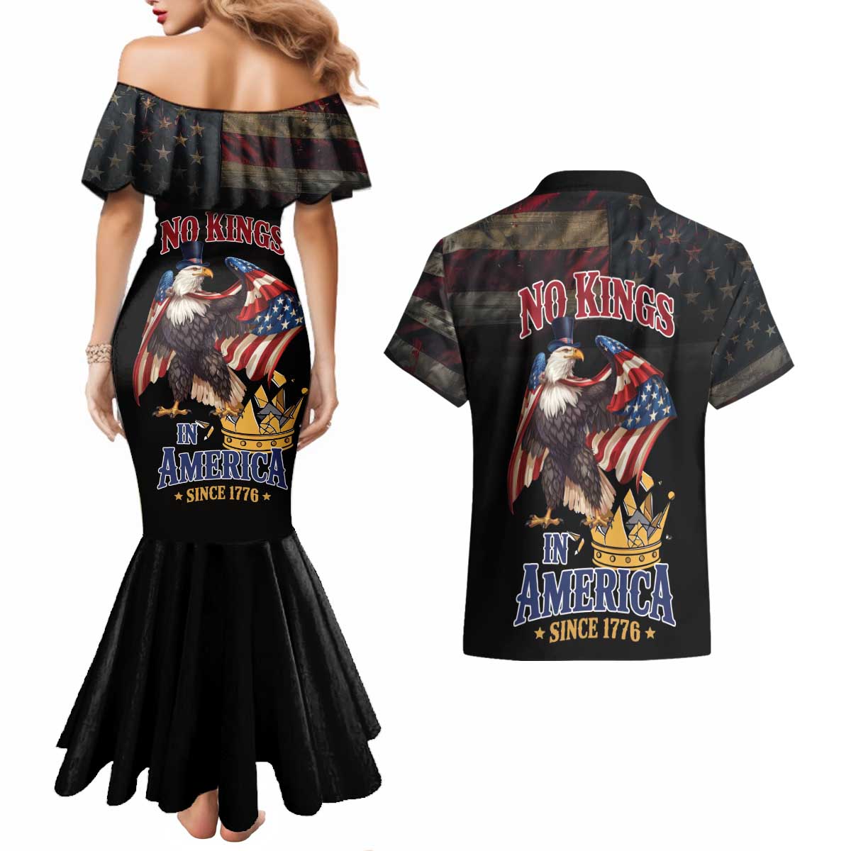 No Kings In America Since 1776 Couples Matching Mermaid Dress and Hawaiian Shirt Eagle Crushing Crown - Wonder Print Shop