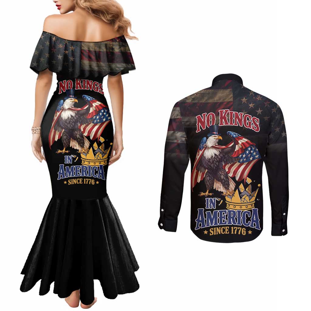No Kings In America Since 1776 Couples Matching Mermaid Dress and Long Sleeve Button Shirt Eagle Crushing Crown - Wonder Print Shop