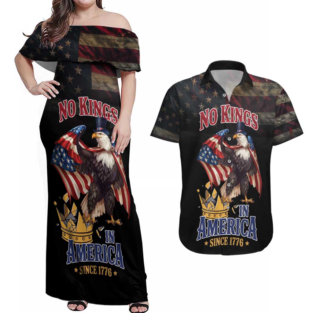 No Kings In America Since 1776 Couples Matching Off Shoulder Maxi Dress and Hawaiian Shirt Eagle Crushing Crown - Wonder Print Shop