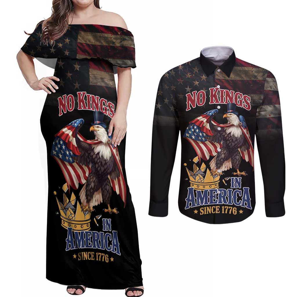 No Kings In America Since 1776 Couples Matching Off Shoulder Maxi Dress and Long Sleeve Button Shirt Eagle Crushing Crown - Wonder Print Shop