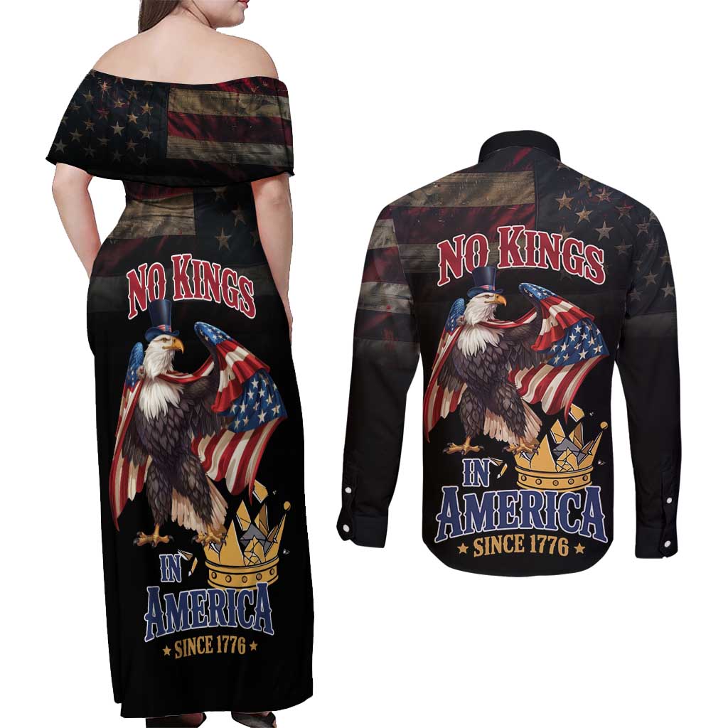 No Kings In America Since 1776 Couples Matching Off Shoulder Maxi Dress and Long Sleeve Button Shirt Eagle Crushing Crown - Wonder Print Shop