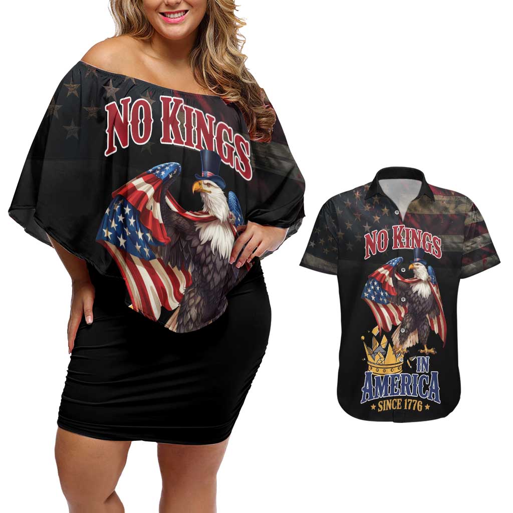 No Kings In America Since 1776 Couples Matching Off Shoulder Short Dress and Hawaiian Shirt Eagle Crushing Crown - Wonder Print Shop