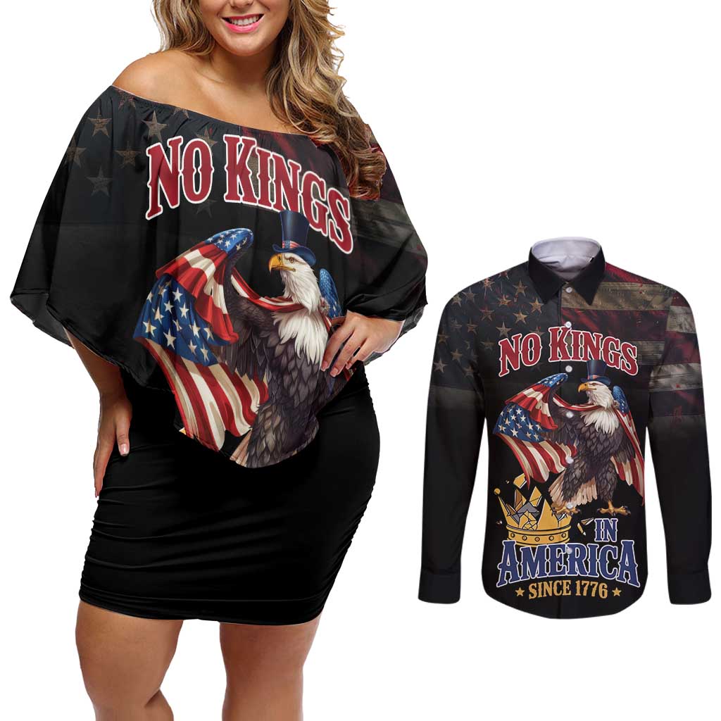 No Kings In America Since 1776 Couples Matching Off Shoulder Short Dress and Long Sleeve Button Shirt Eagle Crushing Crown - Wonder Print Shop