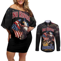 No Kings In America Since 1776 Couples Matching Off Shoulder Short Dress and Long Sleeve Button Shirt Eagle Crushing Crown - Wonder Print Shop
