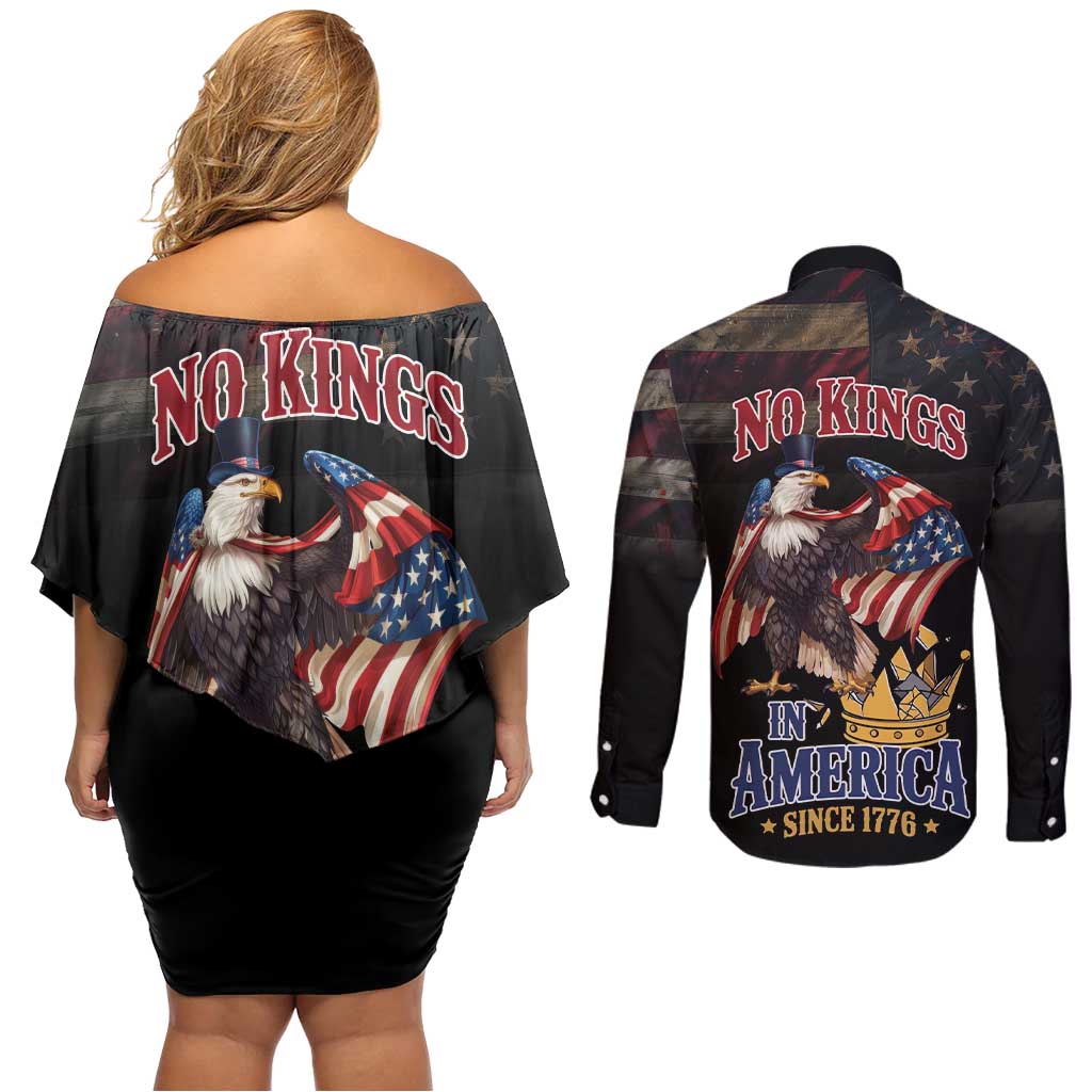 No Kings In America Since 1776 Couples Matching Off Shoulder Short Dress and Long Sleeve Button Shirt Eagle Crushing Crown - Wonder Print Shop