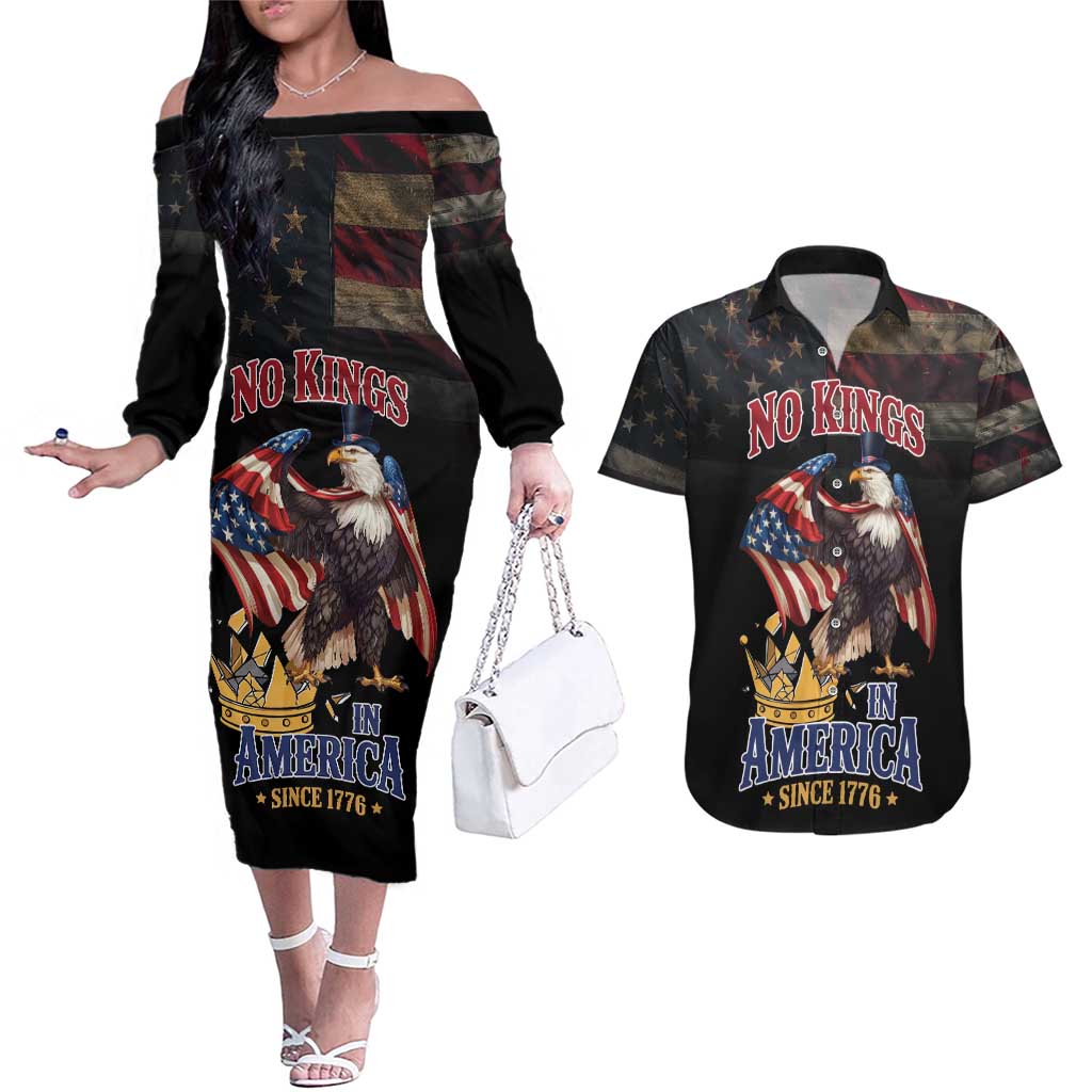 No Kings In America Since 1776 Couples Matching Off The Shoulder Long Sleeve Dress and Hawaiian Shirt Eagle Crushing Crown - Wonder Print Shop