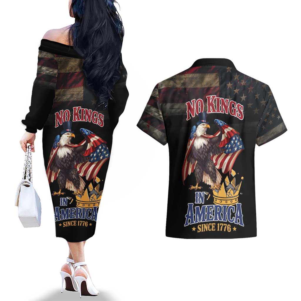 No Kings In America Since 1776 Couples Matching Off The Shoulder Long Sleeve Dress and Hawaiian Shirt Eagle Crushing Crown - Wonder Print Shop