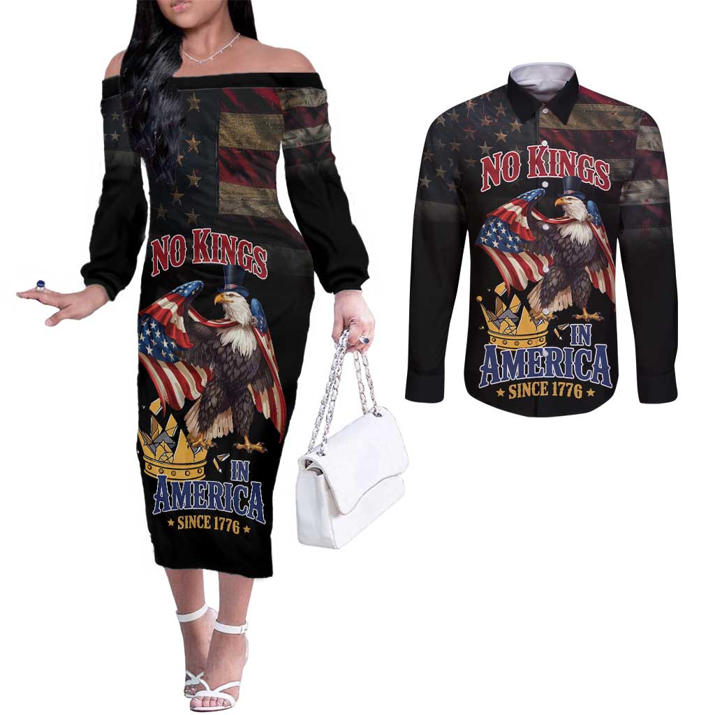 No Kings In America Since 1776 Couples Matching Off The Shoulder Long Sleeve Dress and Long Sleeve Button Shirt Eagle Crushing Crown - Wonder Print Shop
