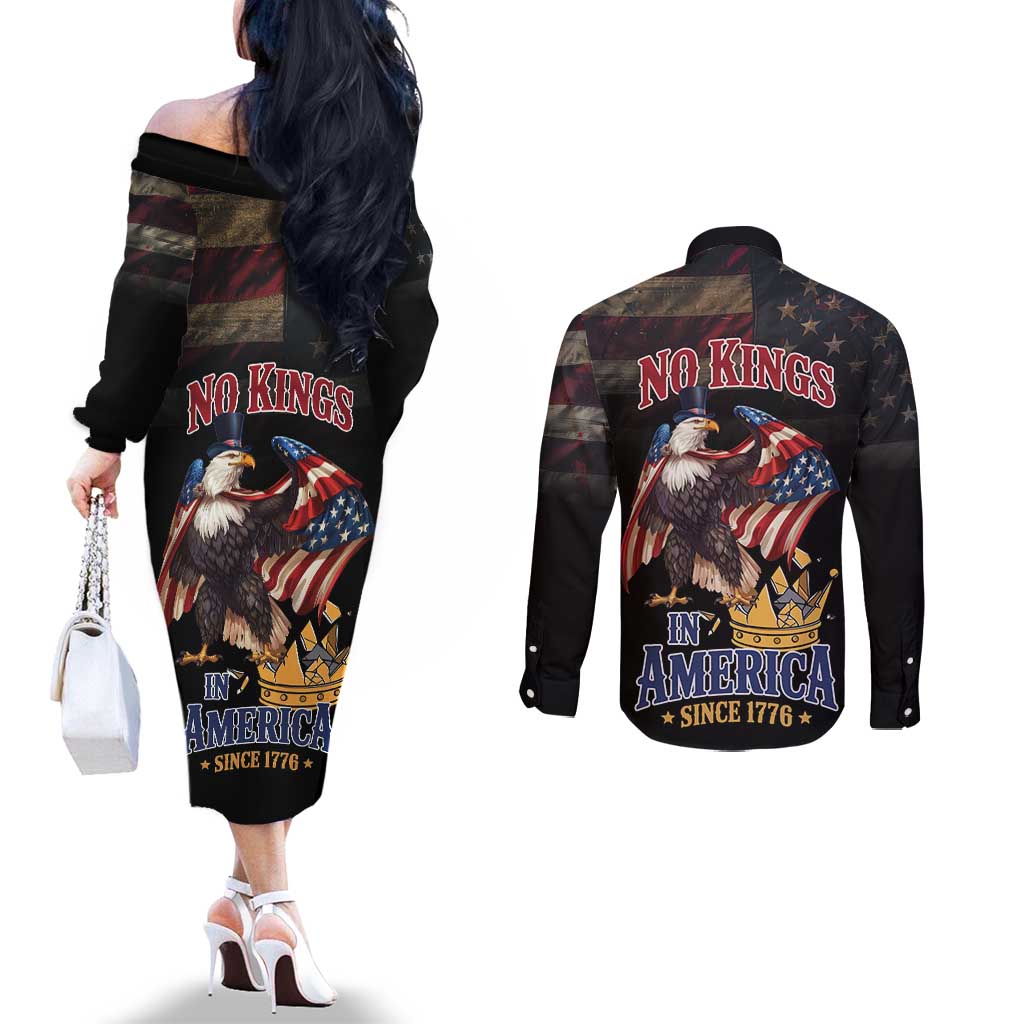 No Kings In America Since 1776 Couples Matching Off The Shoulder Long Sleeve Dress and Long Sleeve Button Shirt Eagle Crushing Crown - Wonder Print Shop