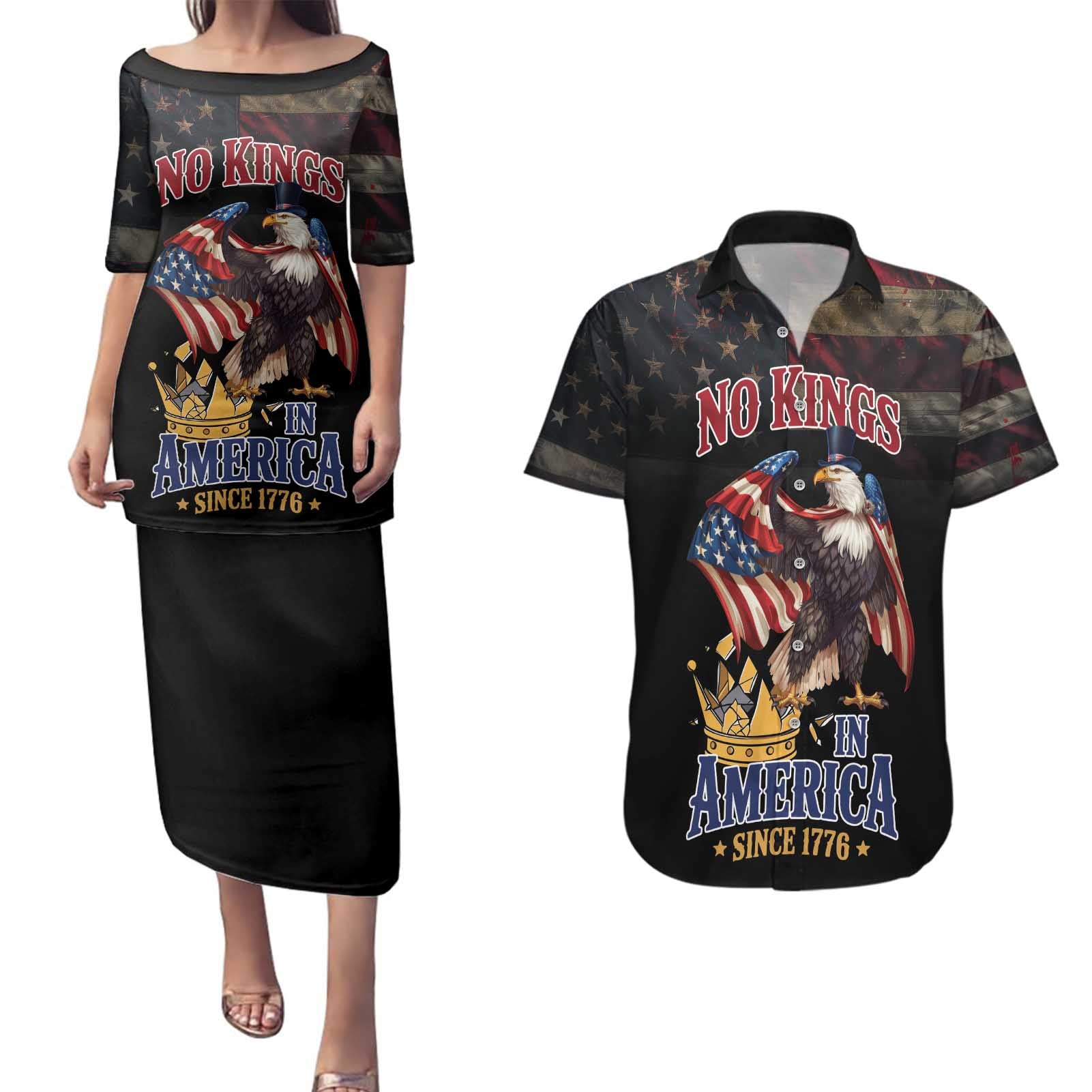 No Kings In America Since 1776 Couples Matching Puletasi and Hawaiian Shirt Eagle Crushing Crown - Wonder Print Shop