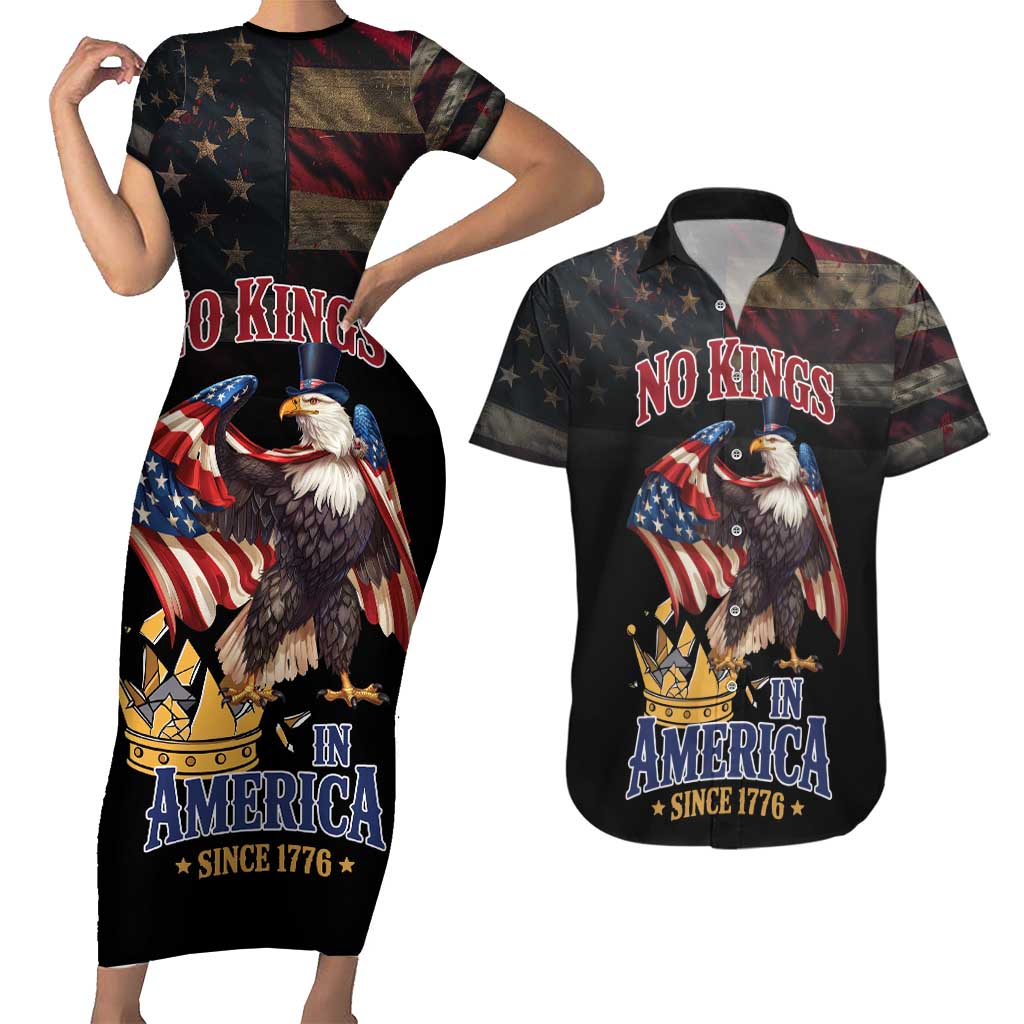 No Kings In America Since 1776 Couples Matching Short Sleeve Bodycon Dress and Hawaiian Shirt Eagle Crushing Crown - Wonder Print Shop