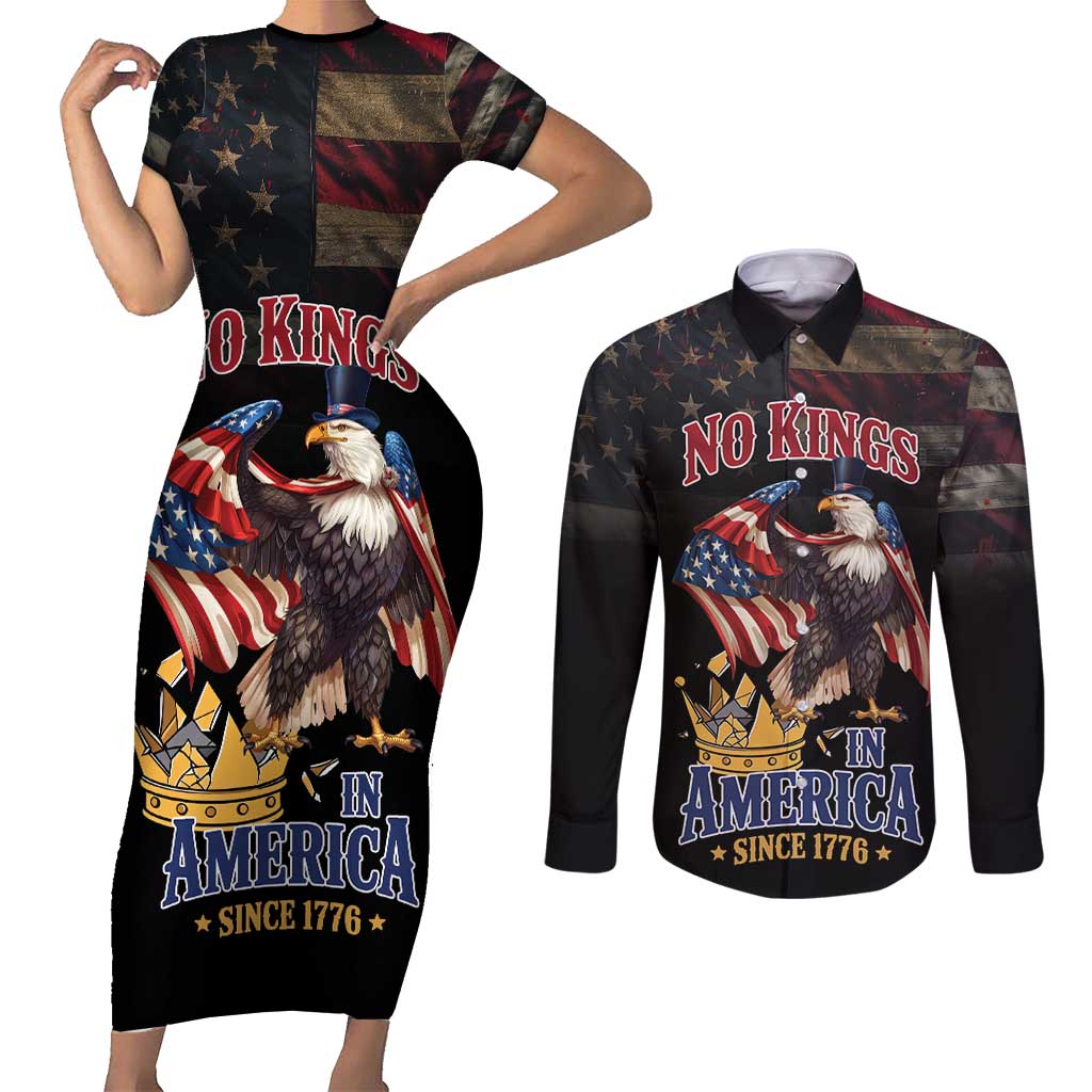 No Kings In America Since 1776 Couples Matching Short Sleeve Bodycon Dress and Long Sleeve Button Shirt Eagle Crushing Crown - Wonder Print Shop