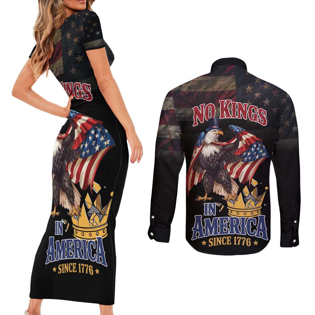 No Kings In America Since 1776 Couples Matching Short Sleeve Bodycon Dress and Long Sleeve Button Shirt Eagle Crushing Crown - Wonder Print Shop