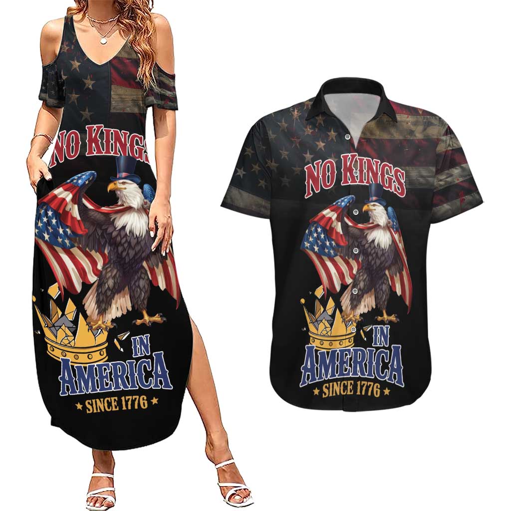 No Kings In America Since 1776 Couples Matching Summer Maxi Dress and Hawaiian Shirt Eagle Crushing Crown - Wonder Print Shop