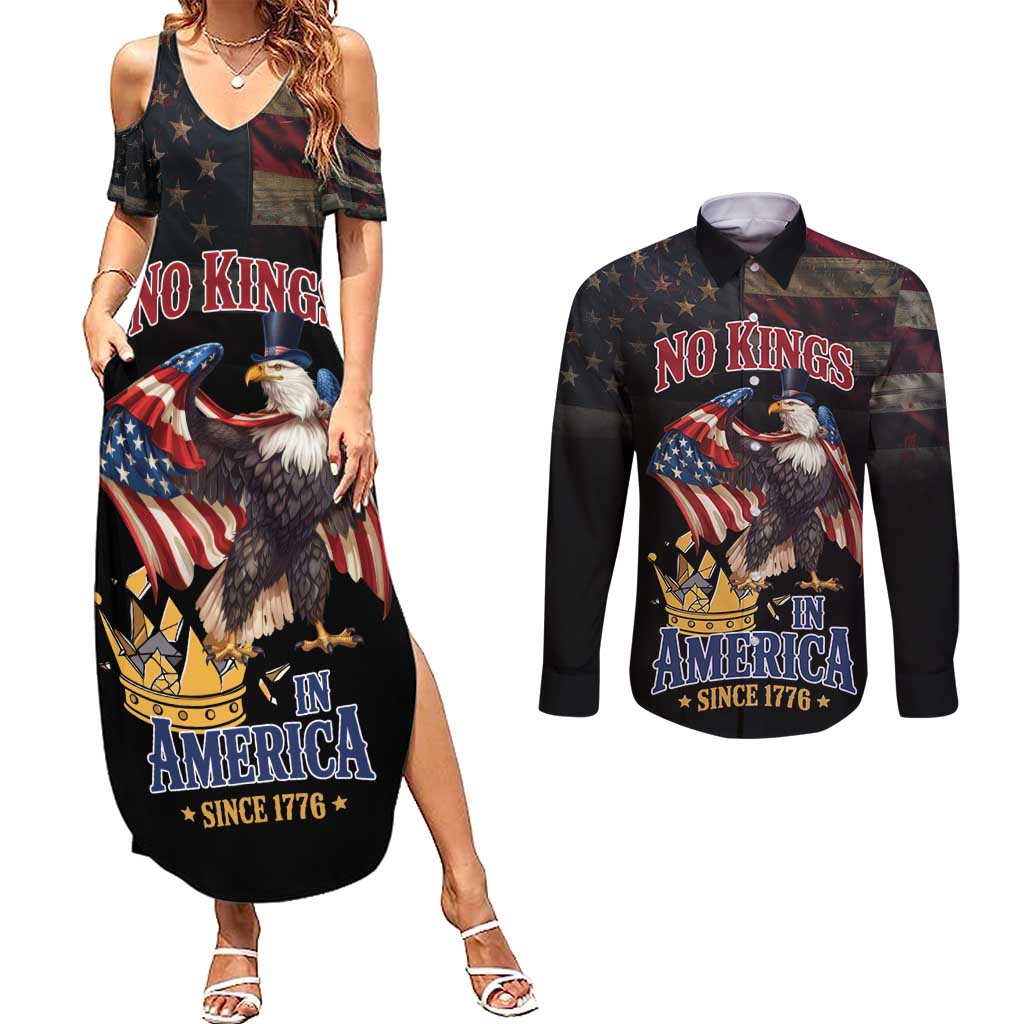 No Kings In America Since 1776 Couples Matching Summer Maxi Dress and Long Sleeve Button Shirt Eagle Crushing Crown - Wonder Print Shop
