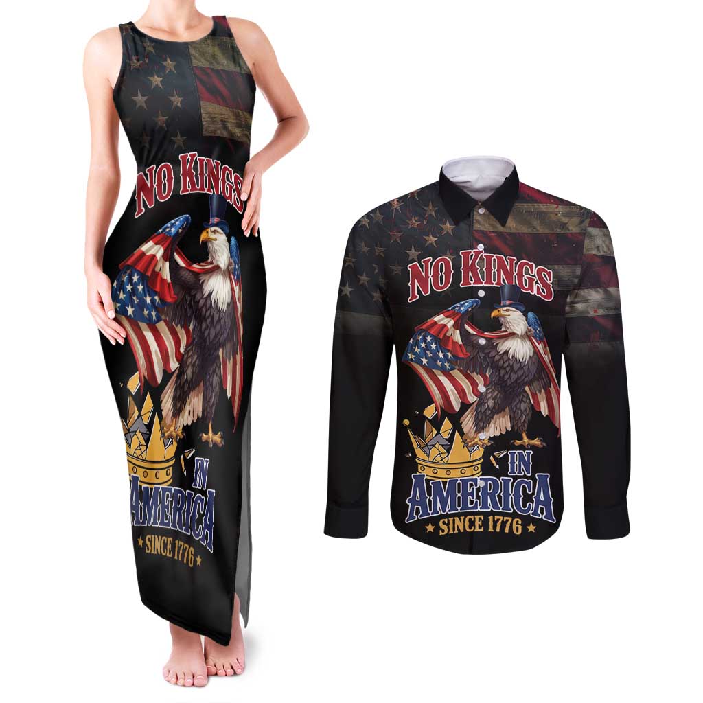No Kings In America Since 1776 Couples Matching Tank Maxi Dress and Long Sleeve Button Shirt Eagle Crushing Crown - Wonder Print Shop