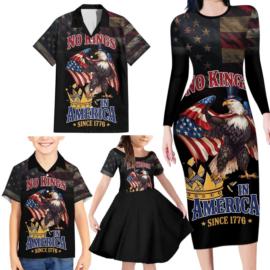 No Kings In America Since 1776 Family Matching Long Sleeve Bodycon Dress and Hawaiian Shirt Eagle Crushing Crown - Wonder Print Shop