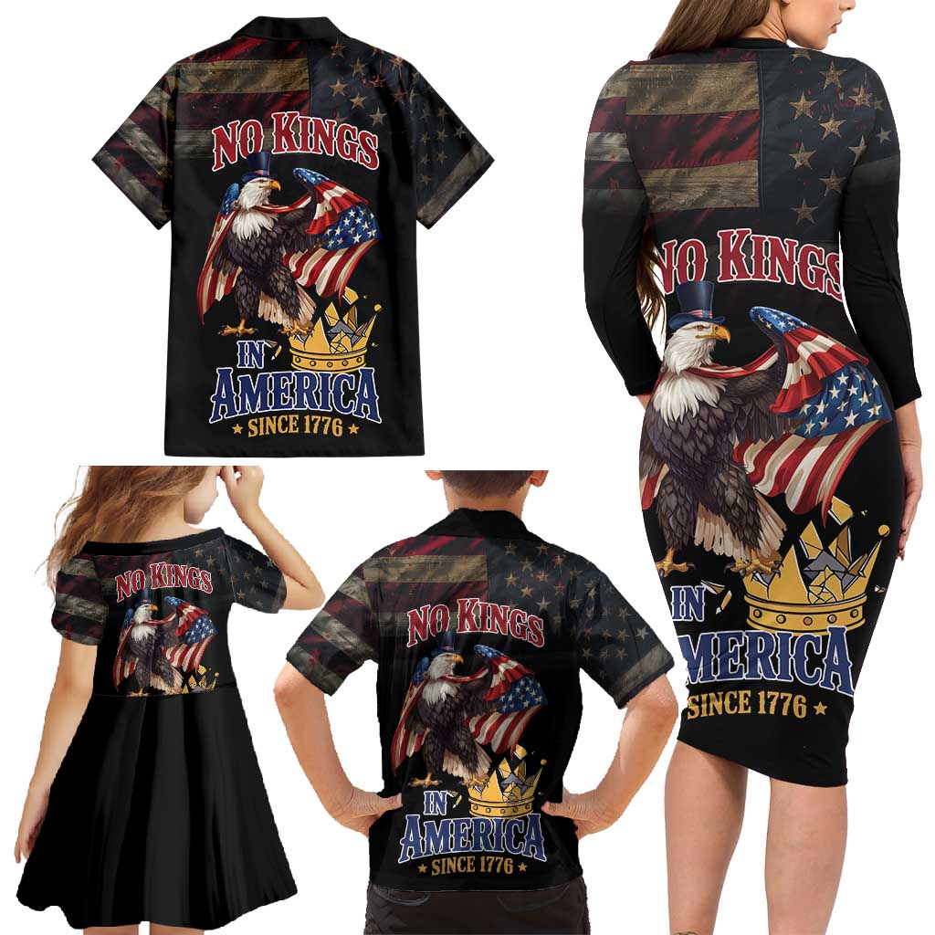 No Kings In America Since 1776 Family Matching Long Sleeve Bodycon Dress and Hawaiian Shirt Eagle Crushing Crown - Wonder Print Shop