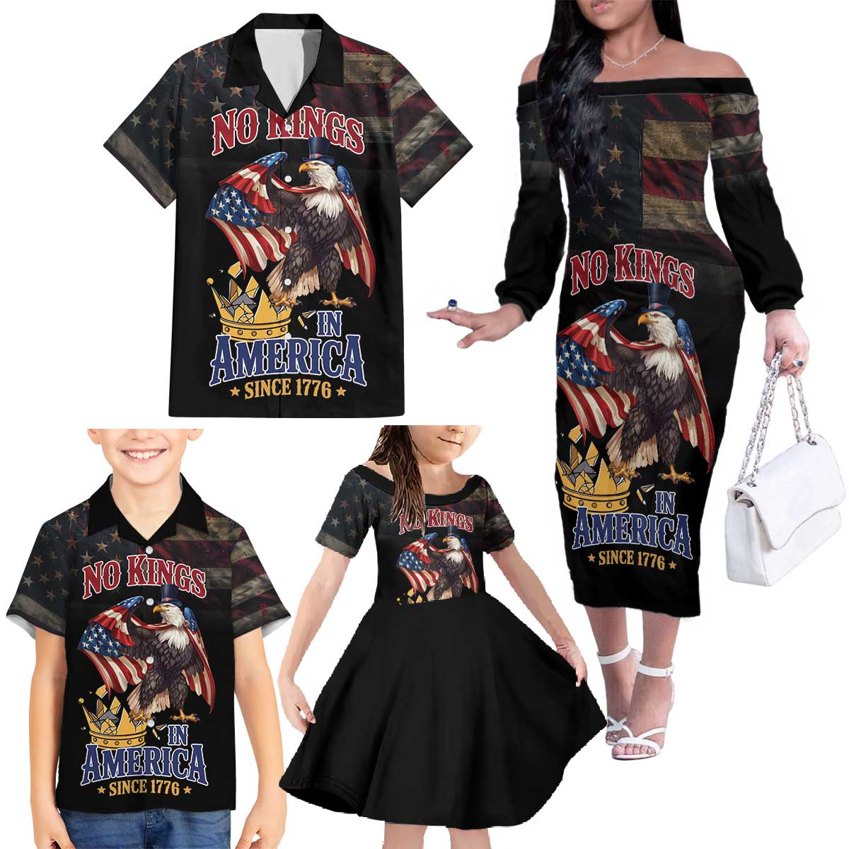 No Kings In America Since 1776 Family Matching Off The Shoulder Long Sleeve Dress and Hawaiian Shirt Eagle Crushing Crown - Wonder Print Shop