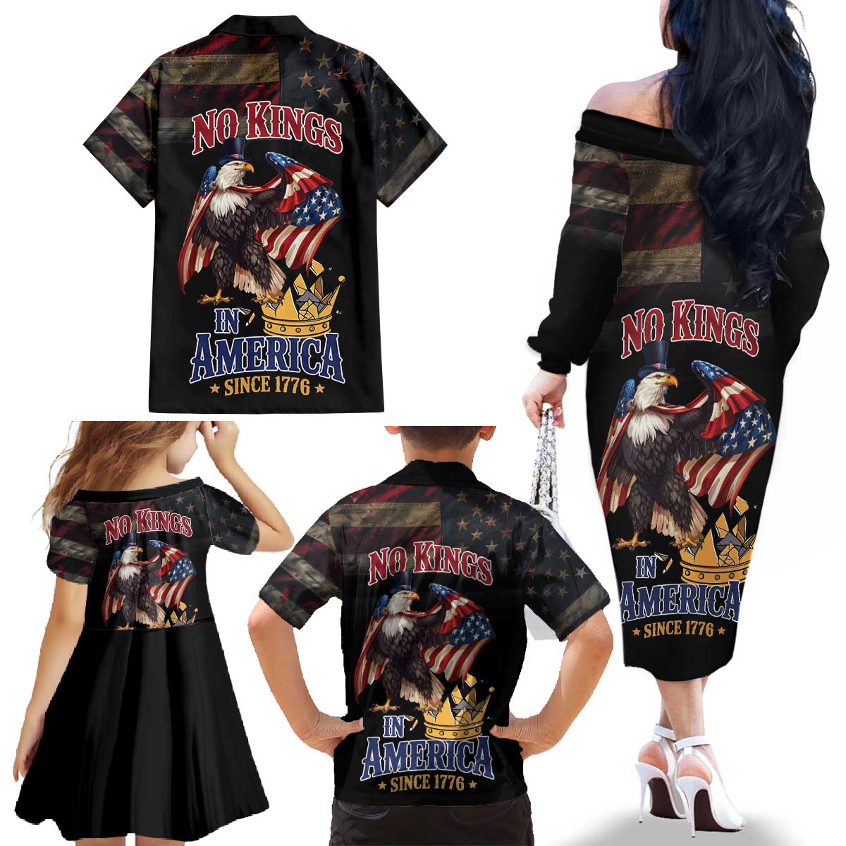 No Kings In America Since 1776 Family Matching Off The Shoulder Long Sleeve Dress and Hawaiian Shirt Eagle Crushing Crown - Wonder Print Shop
