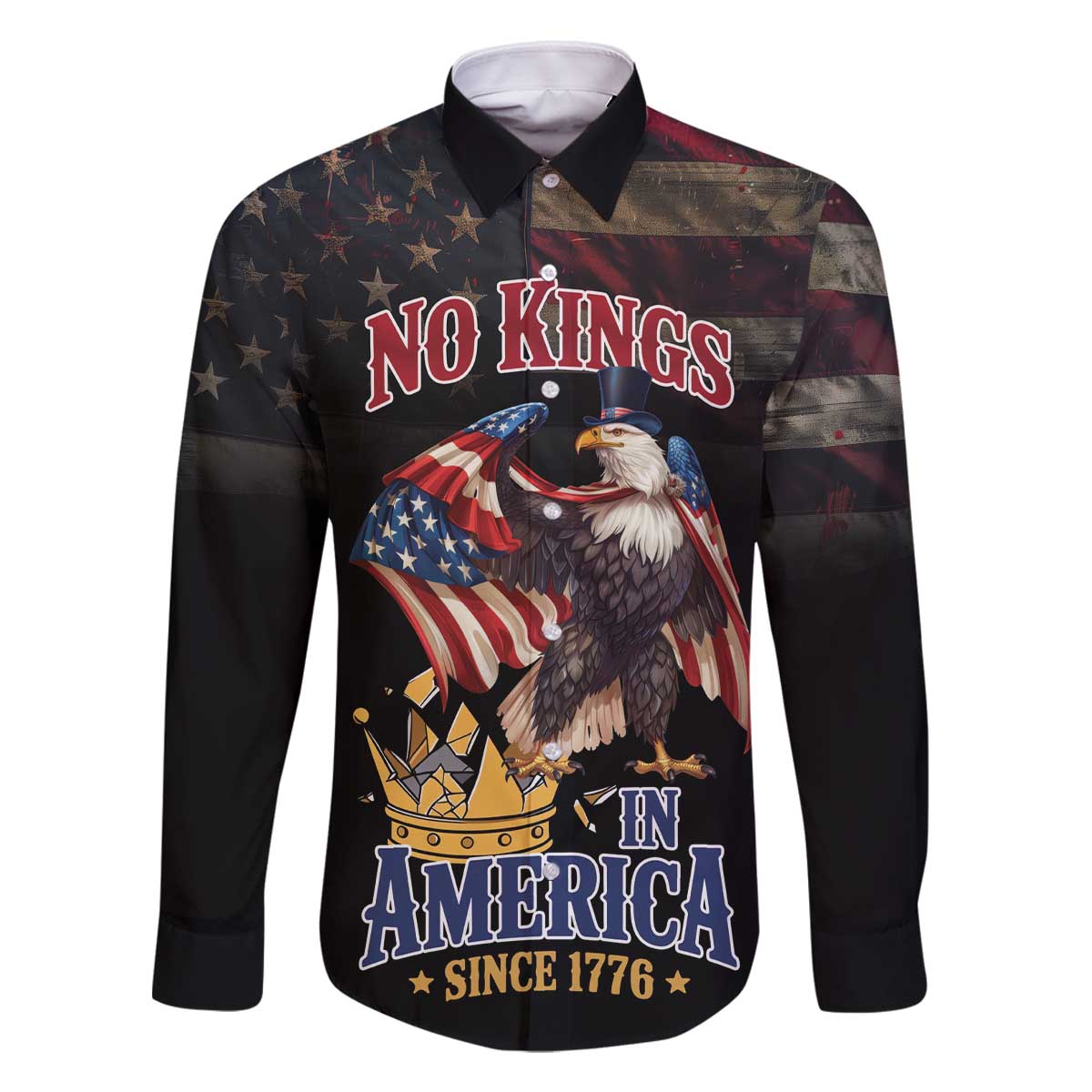 No Kings In America Since 1776 Family Matching Off The Shoulder Long Sleeve Dress and Hawaiian Shirt Eagle Crushing Crown - Wonder Print Shop