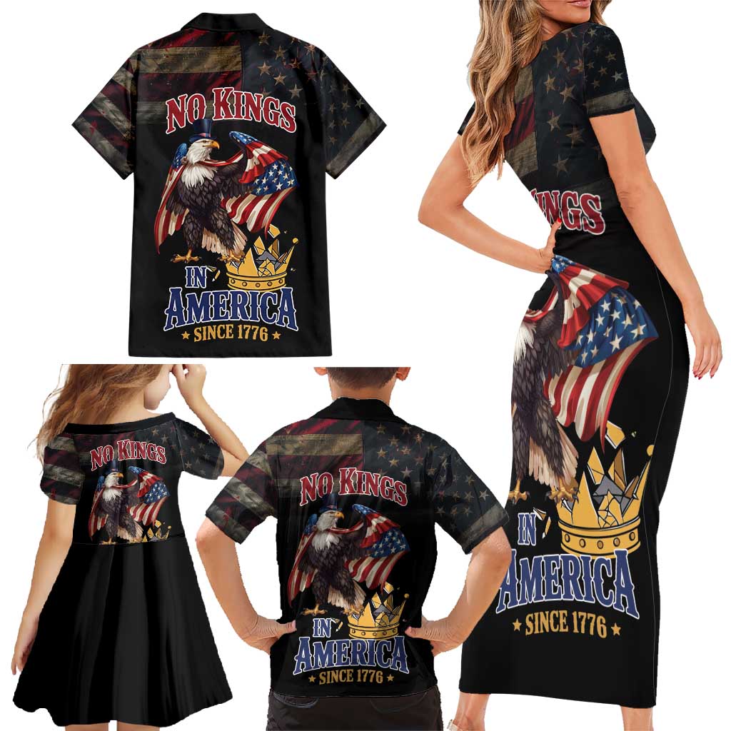 No Kings In America Since 1776 Family Matching Short Sleeve Bodycon Dress and Hawaiian Shirt Eagle Crushing Crown - Wonder Print Shop